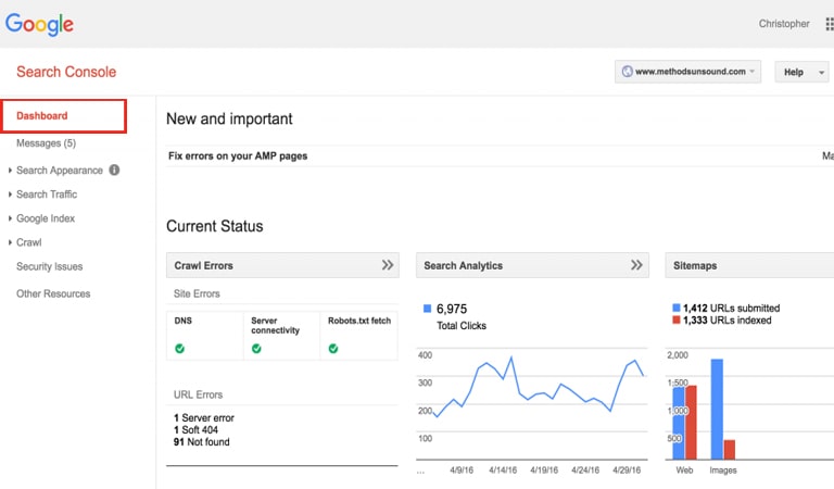 گوگل سرچ کنسول - dashboard