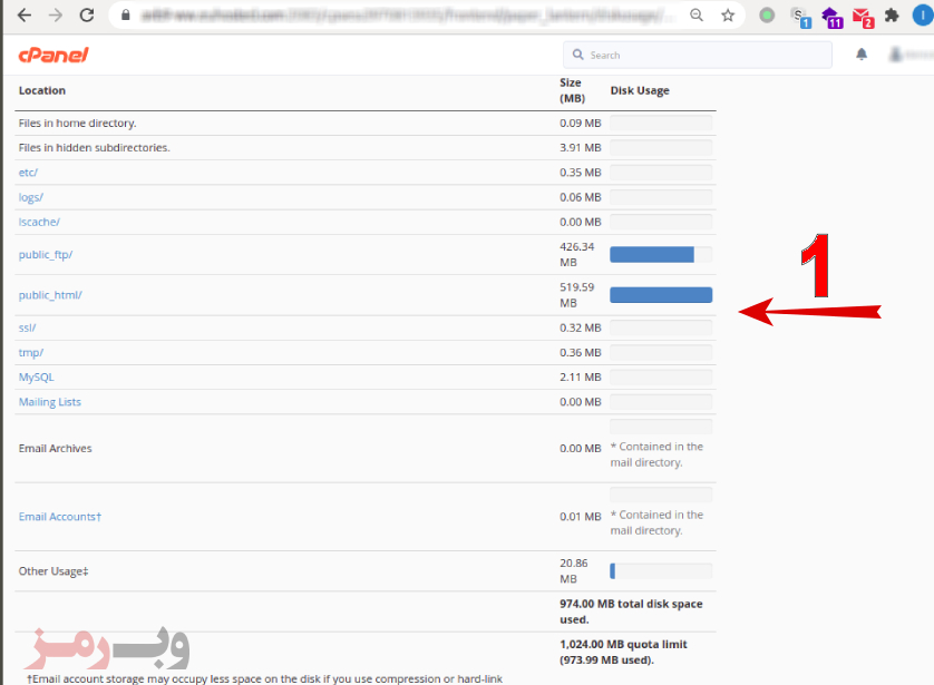 بررسی وضعیت دیسک مصرفی و جزئیات آن در سی پنل cPanel