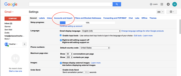 تب Accounts and Import