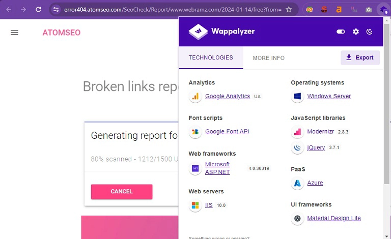 اکستنشن (افزونه کروم) Wappalyzer