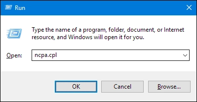وارد کردن عبارت ncpa.cpl در پنجره run