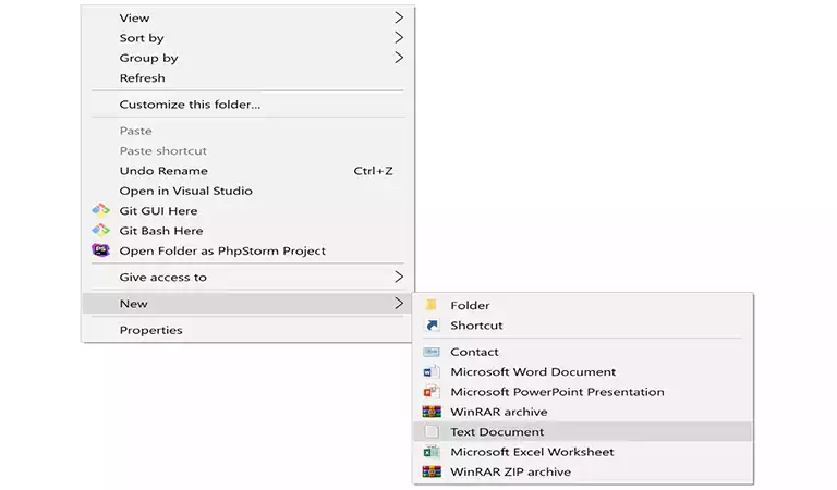 ابتدا با کلیک راست یک فایل txt ایجاد کنید