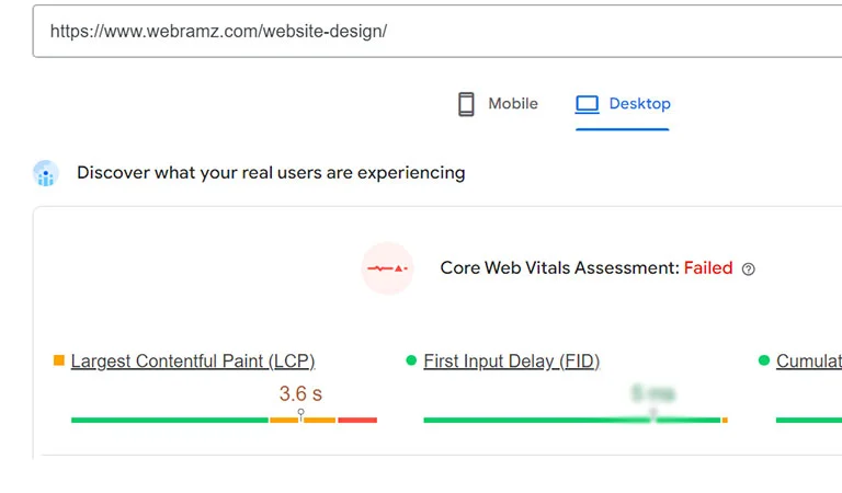اندازه گیری LCP صفحه طراحی سایت وب‌رمز توسط PageSpeed Insights